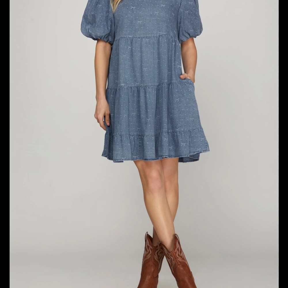 She + Sky Bow Blue Puff Sleeve Mini Dress